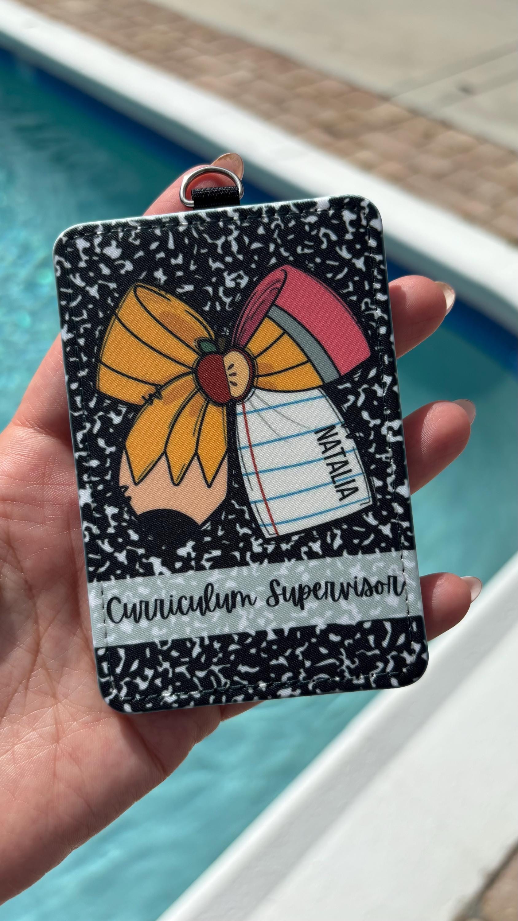 Personalized Teacher ID Badge Holder – Cute Bow & Composition Notebook Design