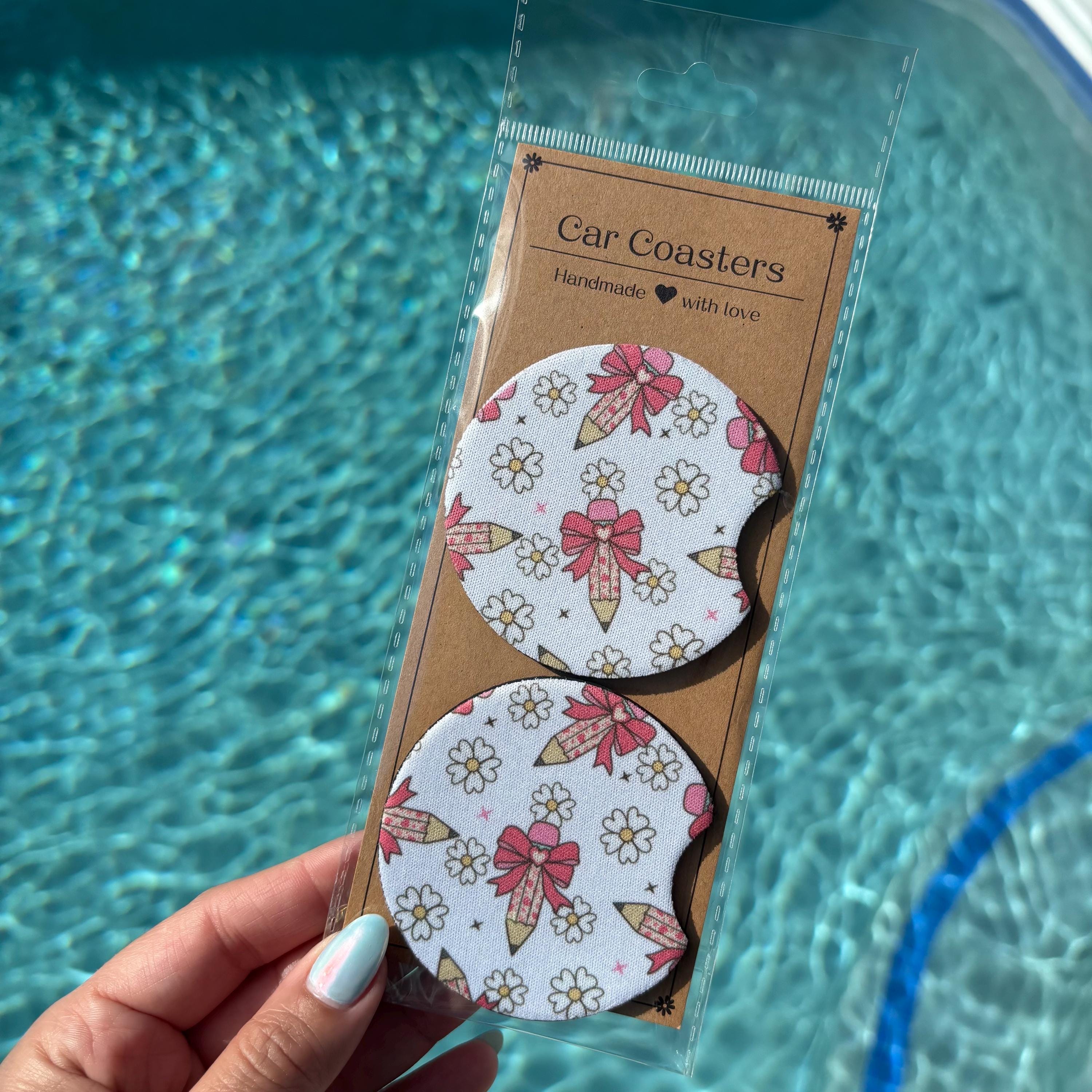 Floral Pencil & Bow Car Coasters – Teacher-Inspired & Absorbent Cup Holder Inserts