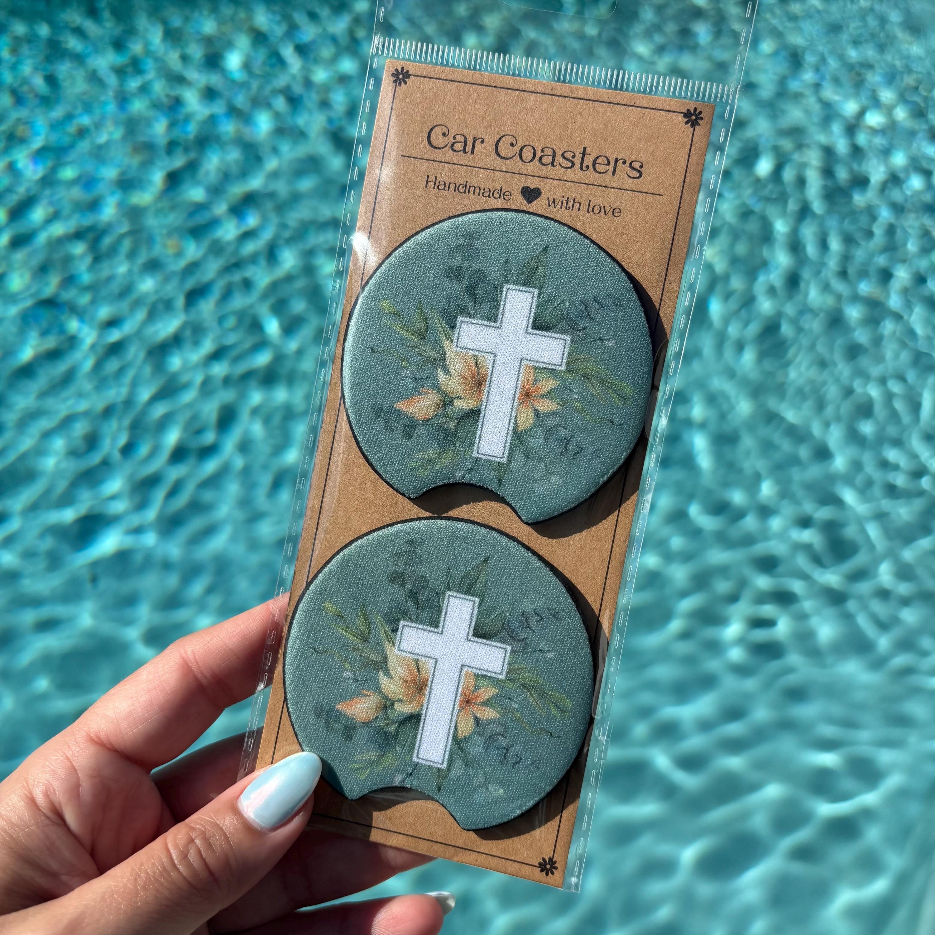 Cross Floral Car Coasters – Inspirational & Absorbent Cup Holder Inserts with Faith Design