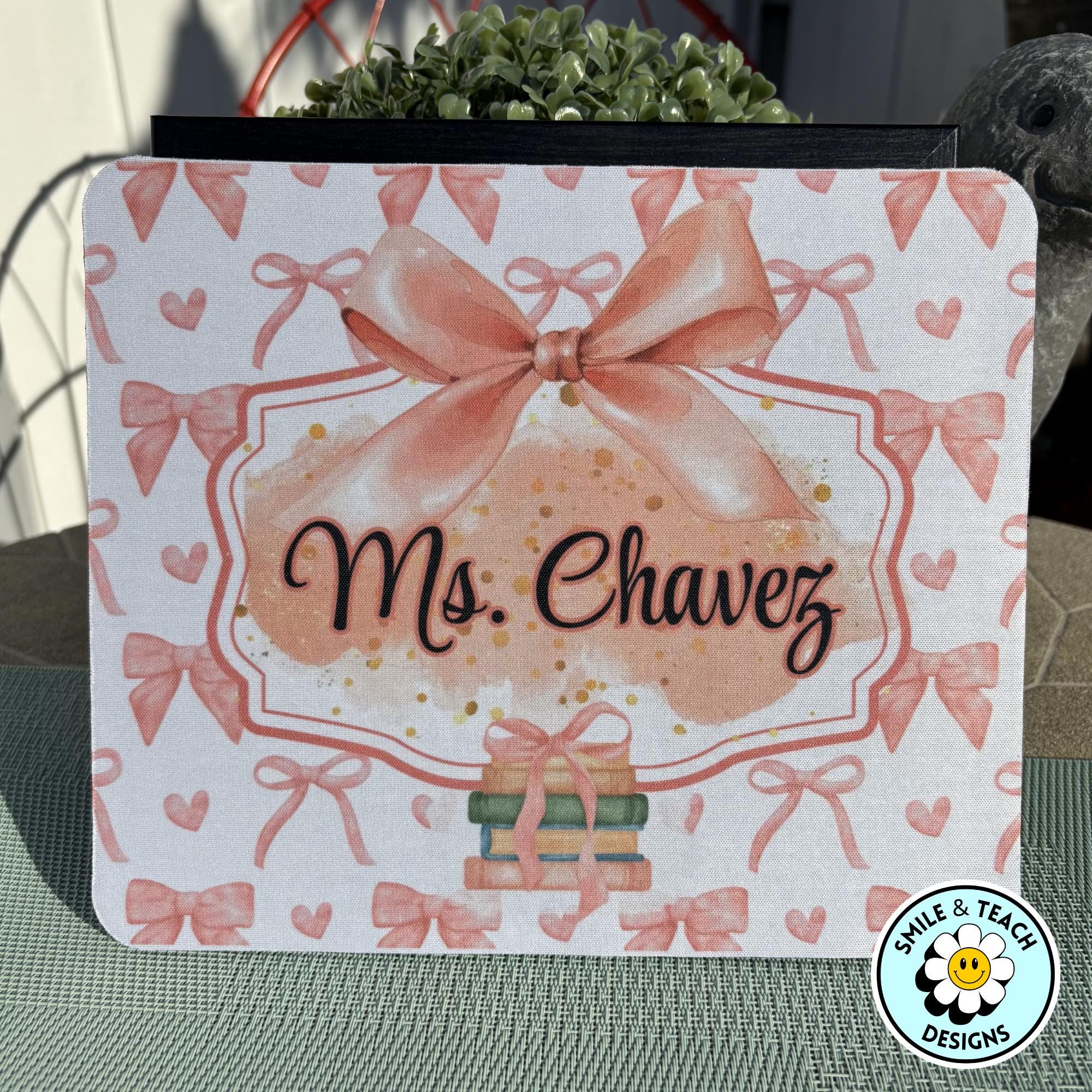 Personalized Pink Bow Teacher Mouse Pad – Custom Name Gift