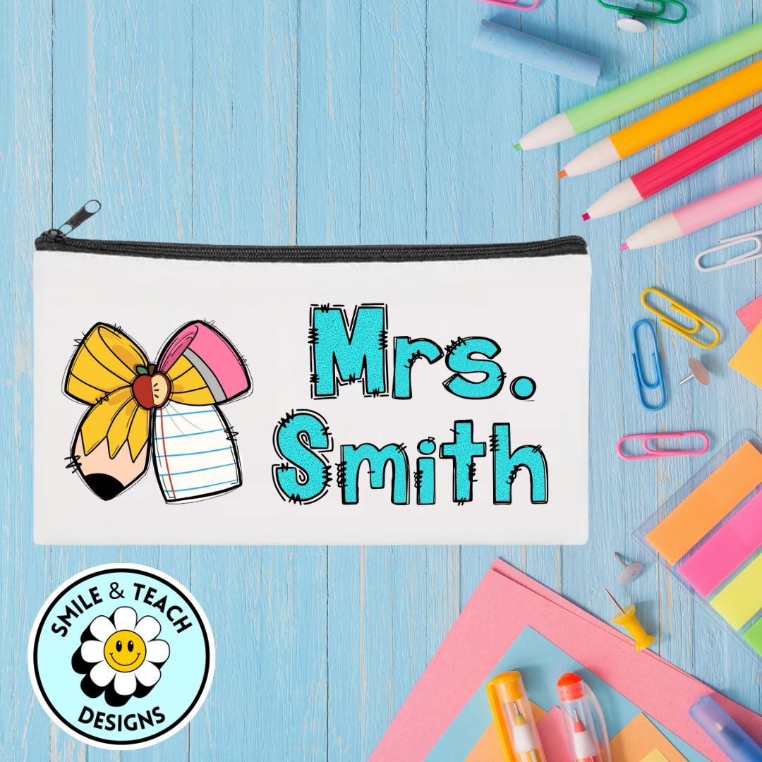 Personalized Teacher Pencil & Bow Zipper Pouch – Cute & Practical Gift