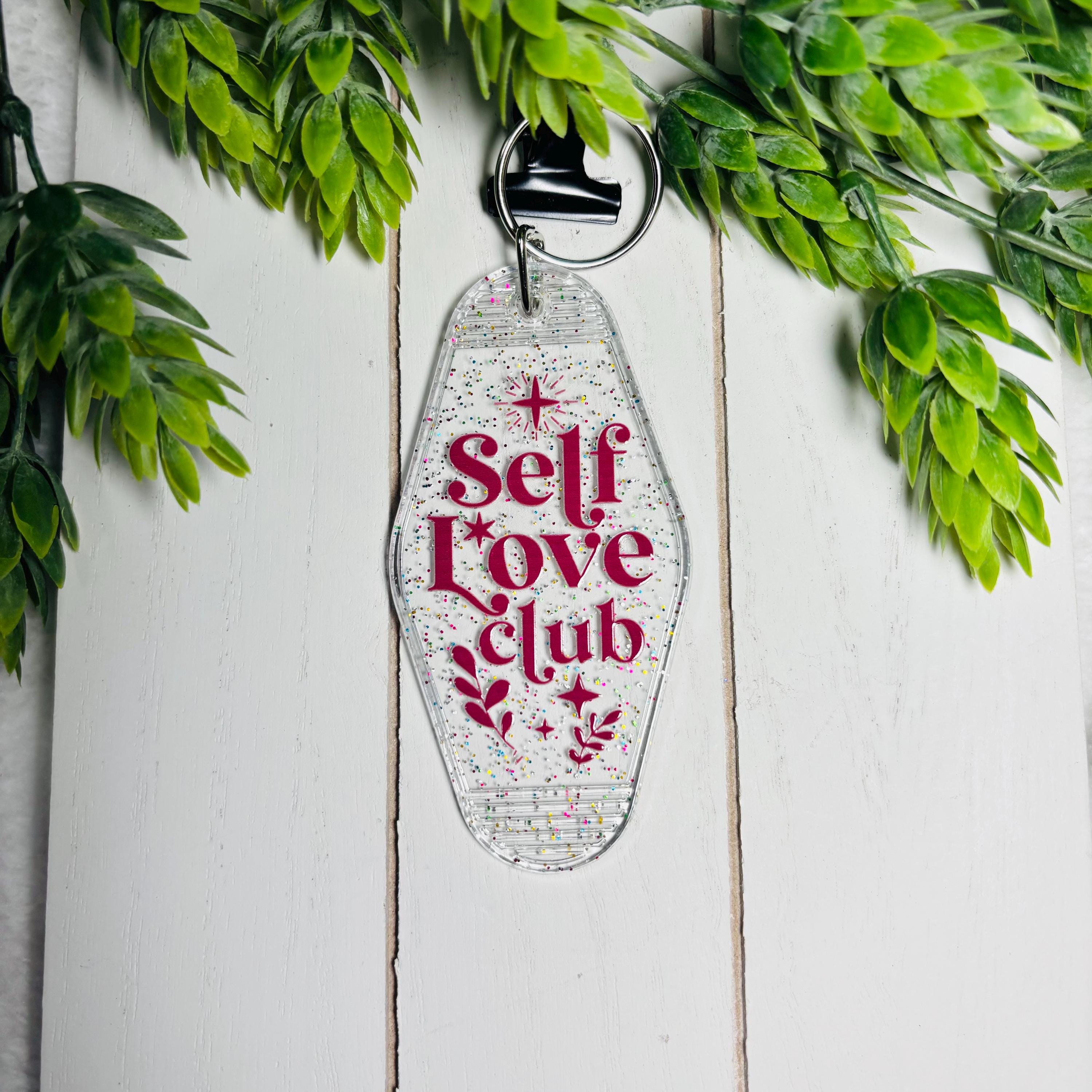 Self Love Club Motel Keychain – Glitter Retro Acrylic Key Tag