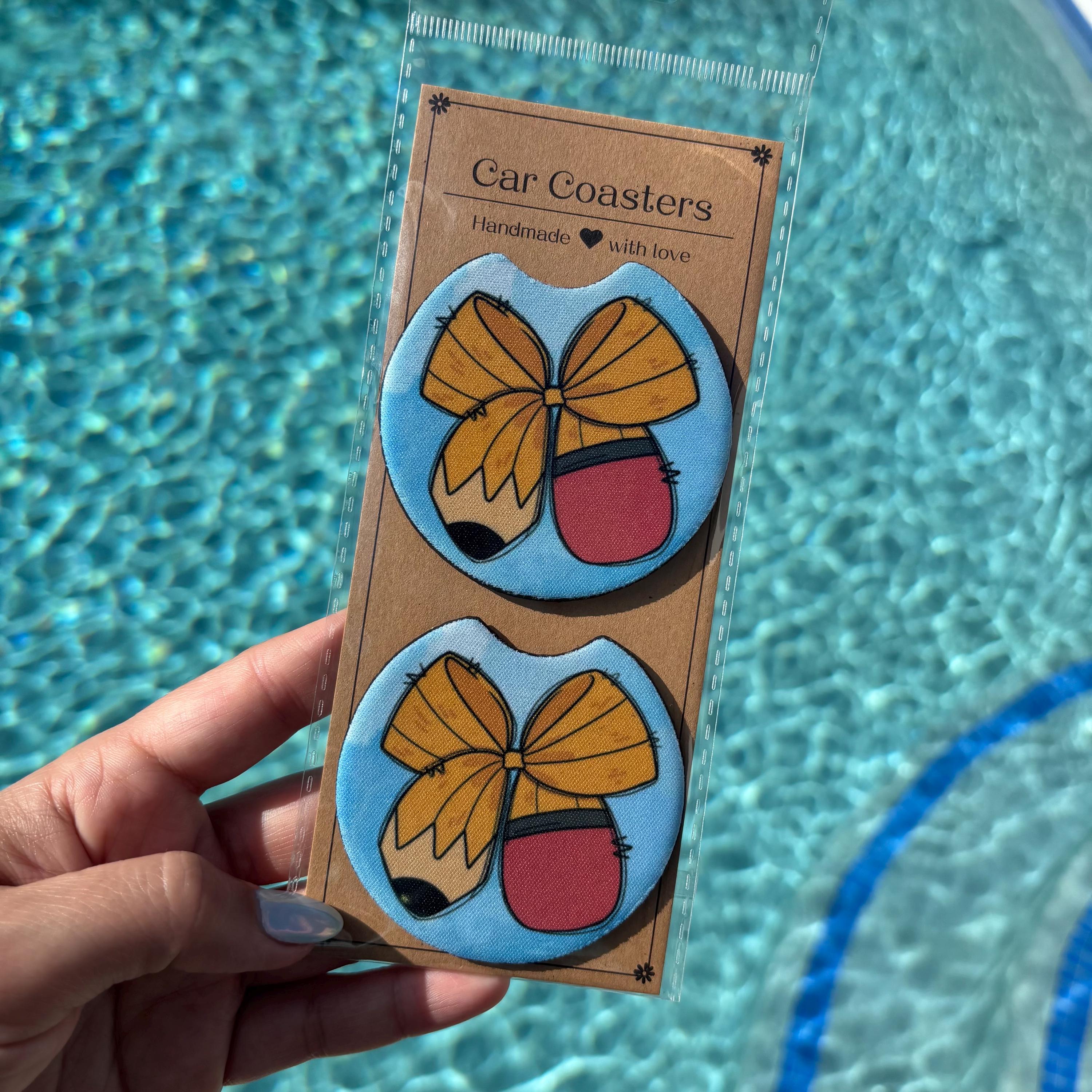 Pencil & Yellow Bow Car Coasters – Teacher-Inspired & Absorbent Cup Holder Inserts