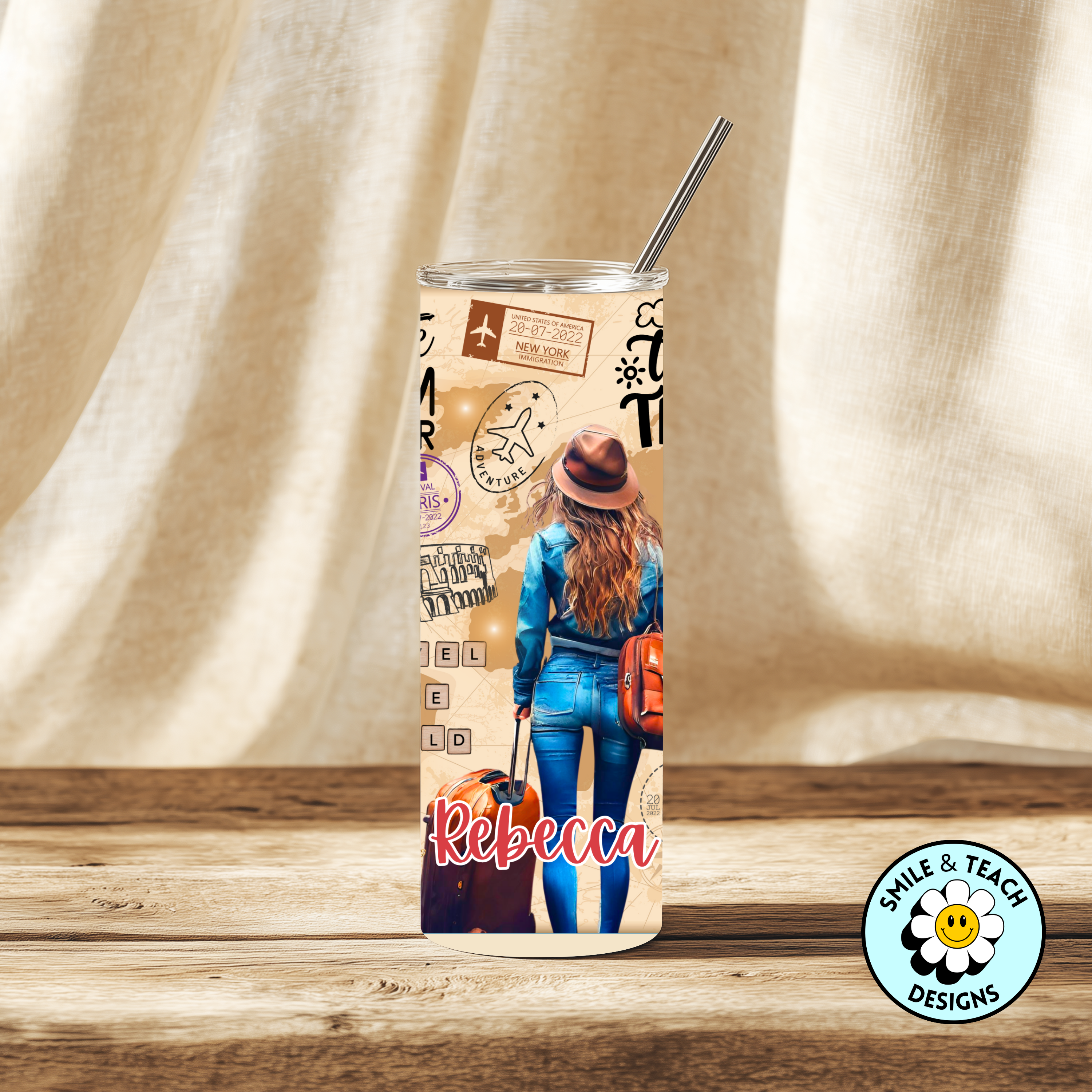 ✈️ Personalized Travel Adventure Tumbler – 20 oz Skinny
